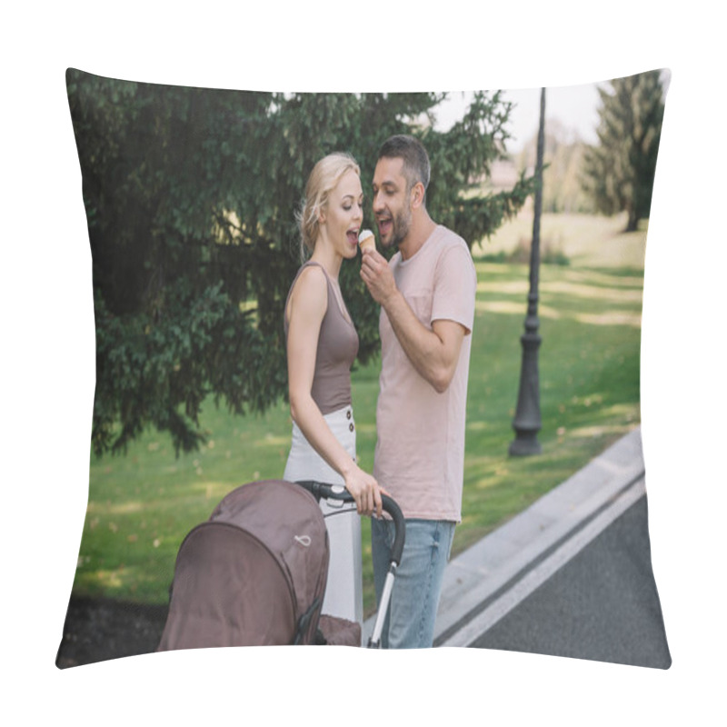 Personality  Husband Feeding Wife With Ice Cream Near Baby Carriage In Park Pillow Covers