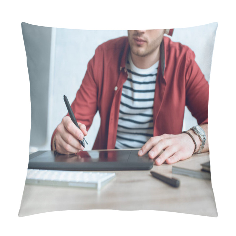 Personality  Young Illustrator Sitting By Table With Graphic Tablet Pillow Covers