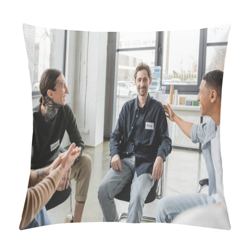 Personality  Positive Multiethnic Group Looking At Man During Alcoholics Meeting In Rehab Center  Pillow Covers