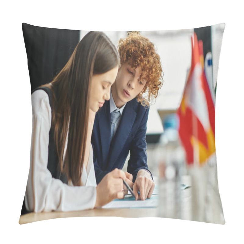 Personality  Two Teenagers Work Together At A Model UN Conference, Surrounded By International Flags. Pillow Covers