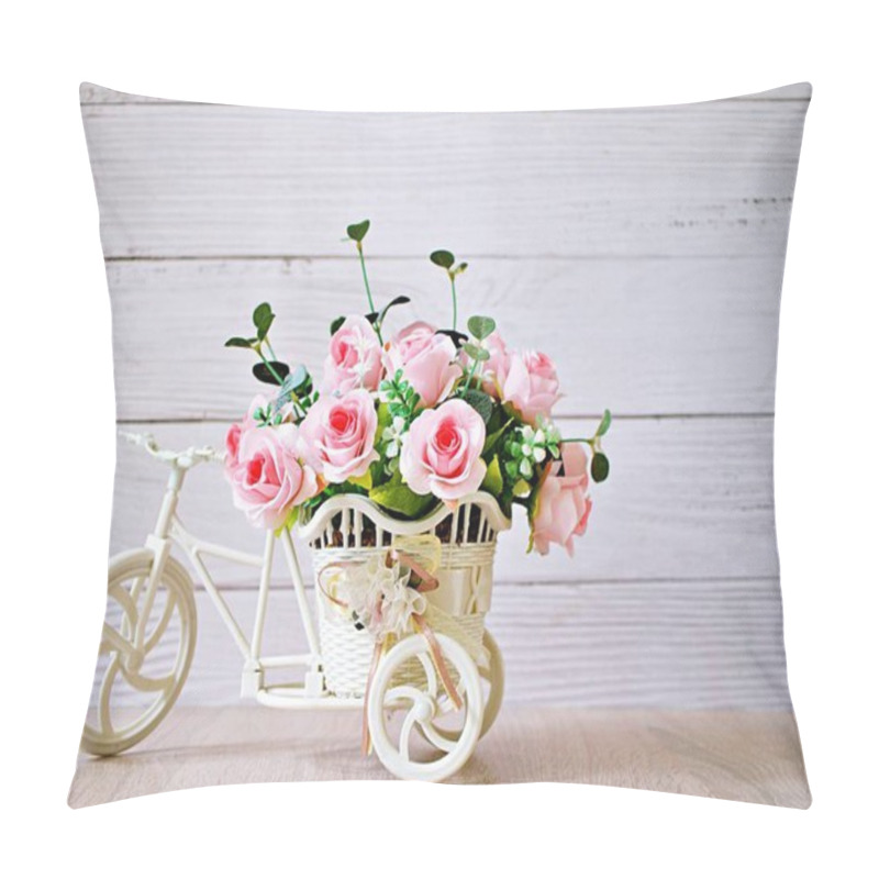 Personality  Artificial Pink Rose On Bicycles On Table Isolated On White Background Bouquet Bucket Bicycle With Soft Tone For Festive Background Or Wallpaper Copy Space For Lettering Valentine's Day Romantic Love  Pillow Covers