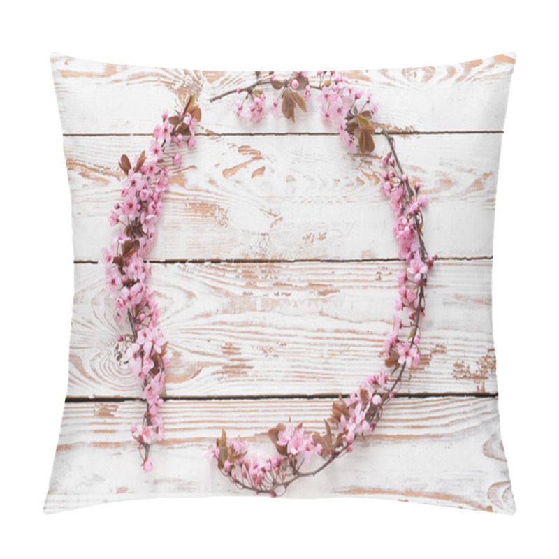 Personality  Circle Made Of Beautiful Blossoming Branches On Wooden Background Pillow Covers