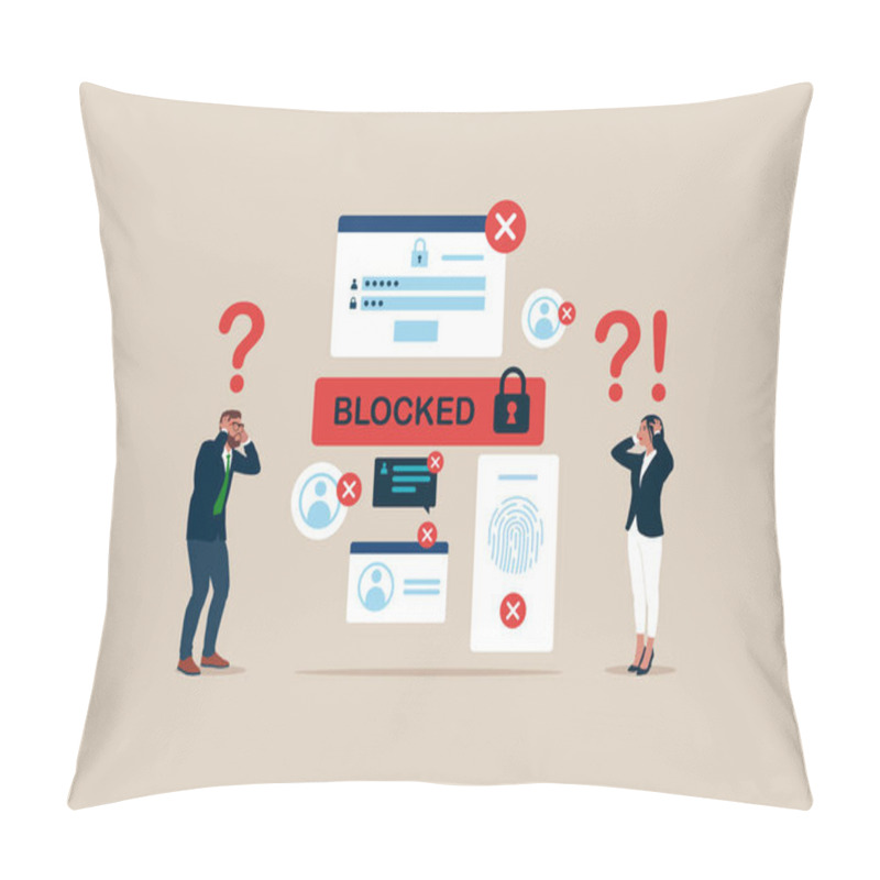 Personality  Hacker Cyber Attack, Censorship Or Ransomware Activity Security. Business People At Surprised With Blocked Account On Screen. Flat Vector Illustration. Pillow Covers