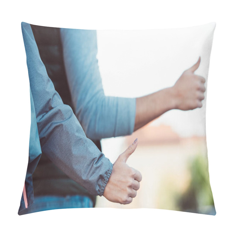 Personality  Close-up Partial View Of Young Couple Hitchhiking On Road  Pillow Covers