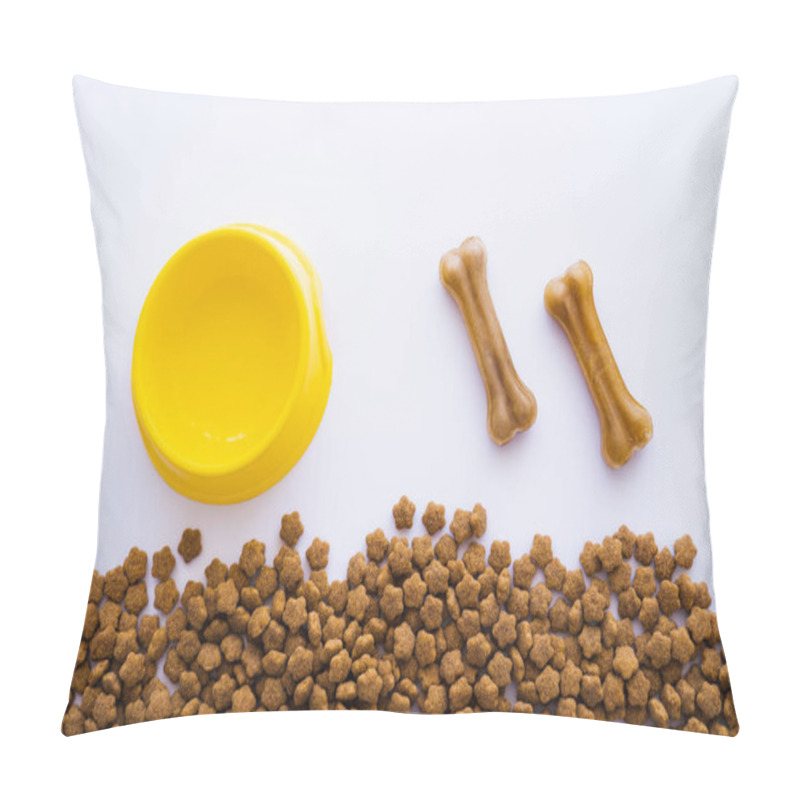 Personality  Top View Of Bone Shaped Dog Treats Near Plastic Bowl And Pet Food Pillow Covers