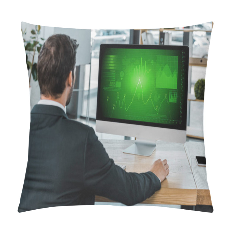 Personality  Back View Of Businessman At Workplace With Computer Screen With Diagram In Office Pillow Covers