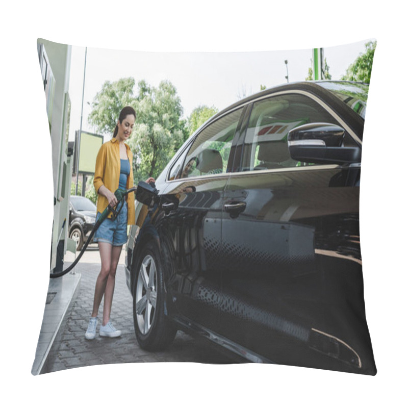 Personality  Beautiful Smiling Woman Refueling Car On Gas Station  Pillow Covers