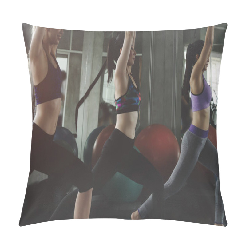 Personality  Group Of Young Sporty Attractive People Practicing Yoga Lesson,Women Practicing The Asana Virabhadrasana During Their Yoga Class In A Gym. Pillow Covers