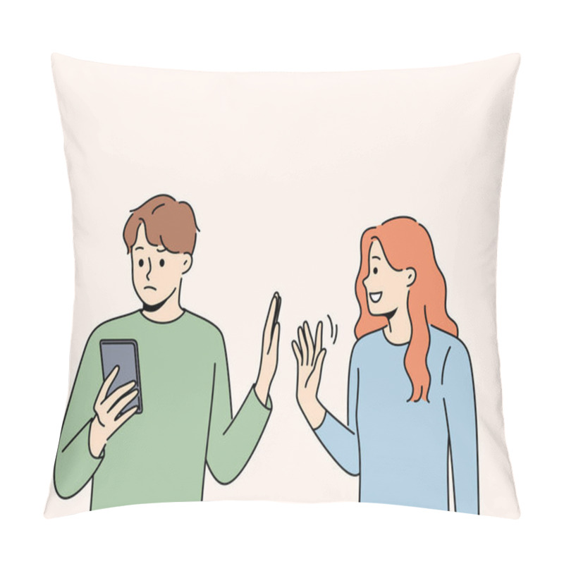 Personality  Man Reject Smiling Loving Woman Showing Attention. Busy Guy Using Cellphone Avoid And Ignore Persistent Female Show Interest. Relationship Problem. Vector Illustration.  Pillow Covers