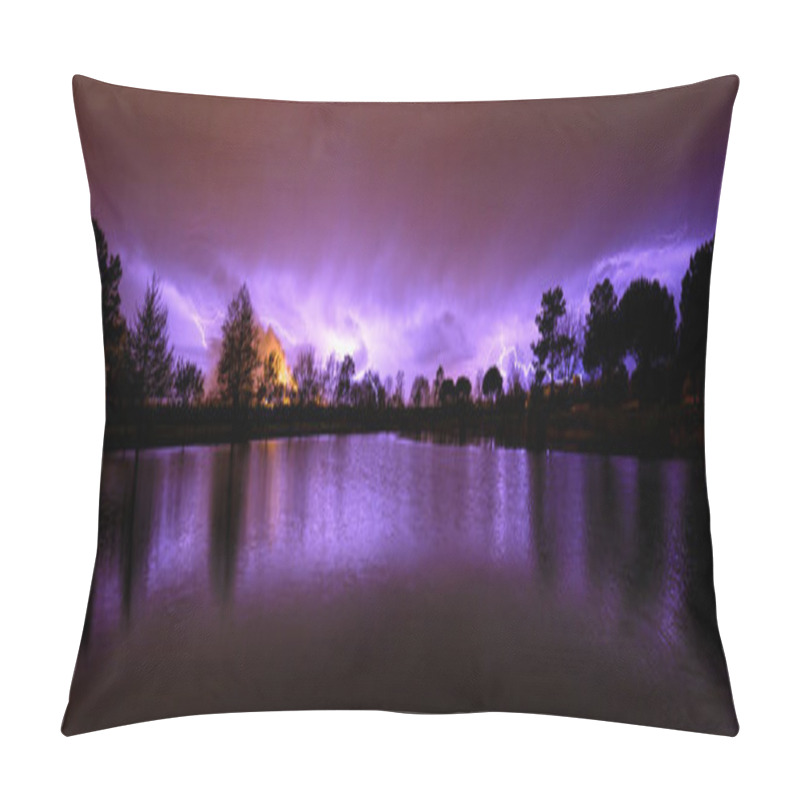 Personality  Panoramic View Of Thunderstorm Lightning Strikes Reflecting In Water Surface Calm Lake Purple Light Night Pillow Covers