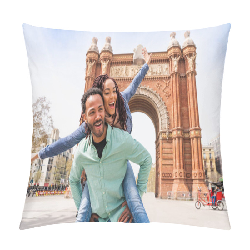 Personality  Beautiful Happy Hispanic Latino Couple Of Lovers Dating Outdoors - Tourists In Barcelona Having Fun During Summer Vacation And Visiting Arc De Triumf Historic Landmark Pillow Covers