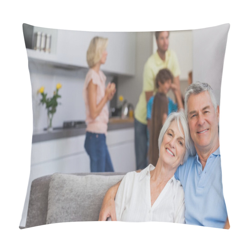 Personality  Elderly Couple Sitting On The Couch And Smiling At Camera Pillow Covers