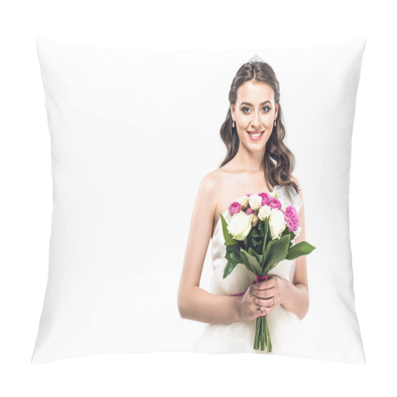 Personality  Close-up Portrait Of Young Bride In Wedding Dress With Earrings And Tiara Holding Bouquet Isolated On White Pillow Covers