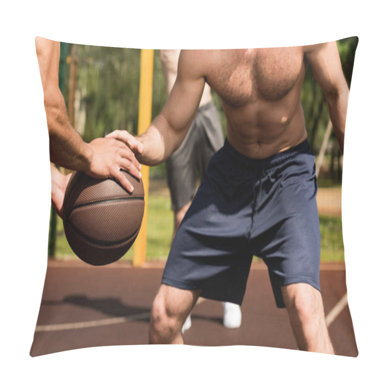 Personality  Partial View Of Shirtless Sportsmen Playing Basketball At Basketball Court Pillow Covers