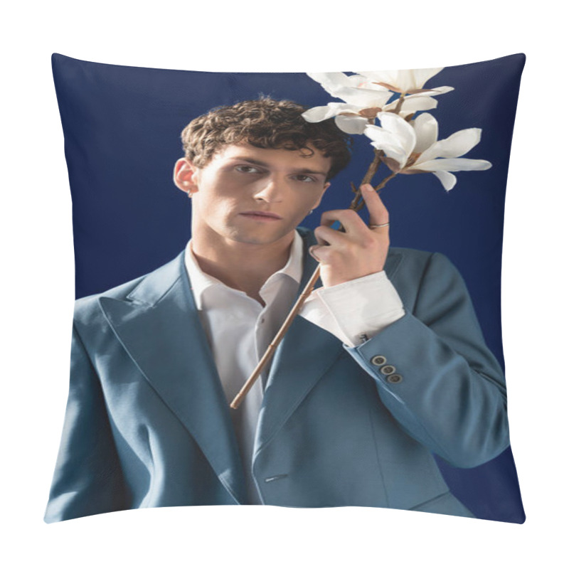 Personality  Portrait Of Stylish Young Man In Jacket Holding Magnolia Flowers Isolated On Navy Blue  Pillow Covers