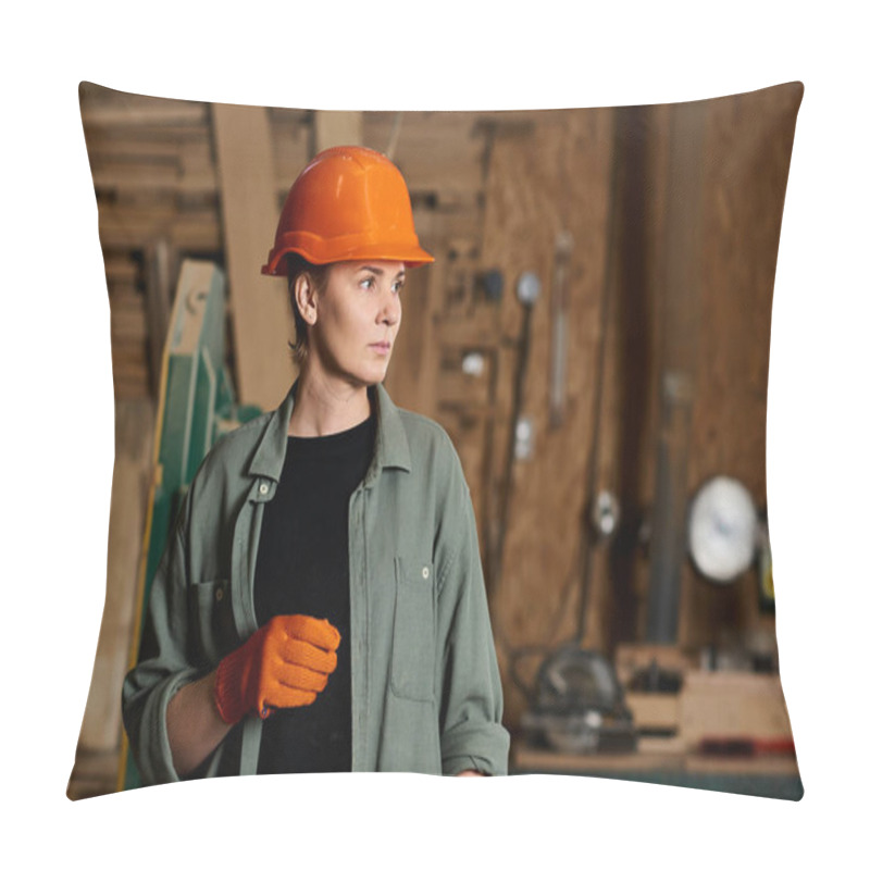 Personality  A Skilled Female Carpenter Focuses Intently On Her Woodworking Project In A Well-equipped Workshop. Pillow Covers