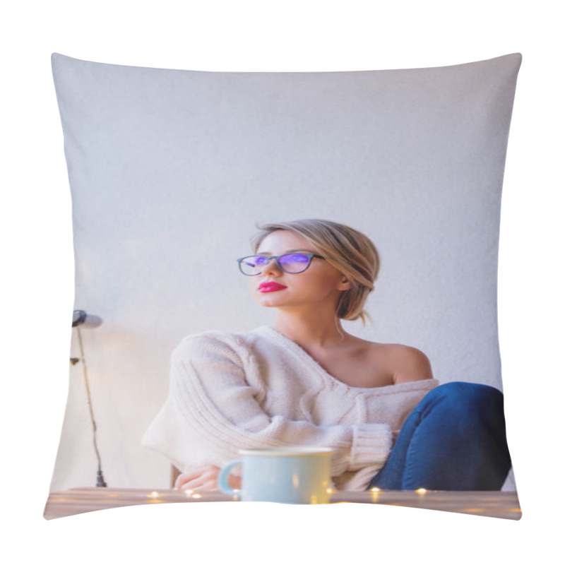 Personality  Young Woman With Cup Of Coffee Sitting At Table In Near Fairy Lights In Evening Time. Pillow Covers