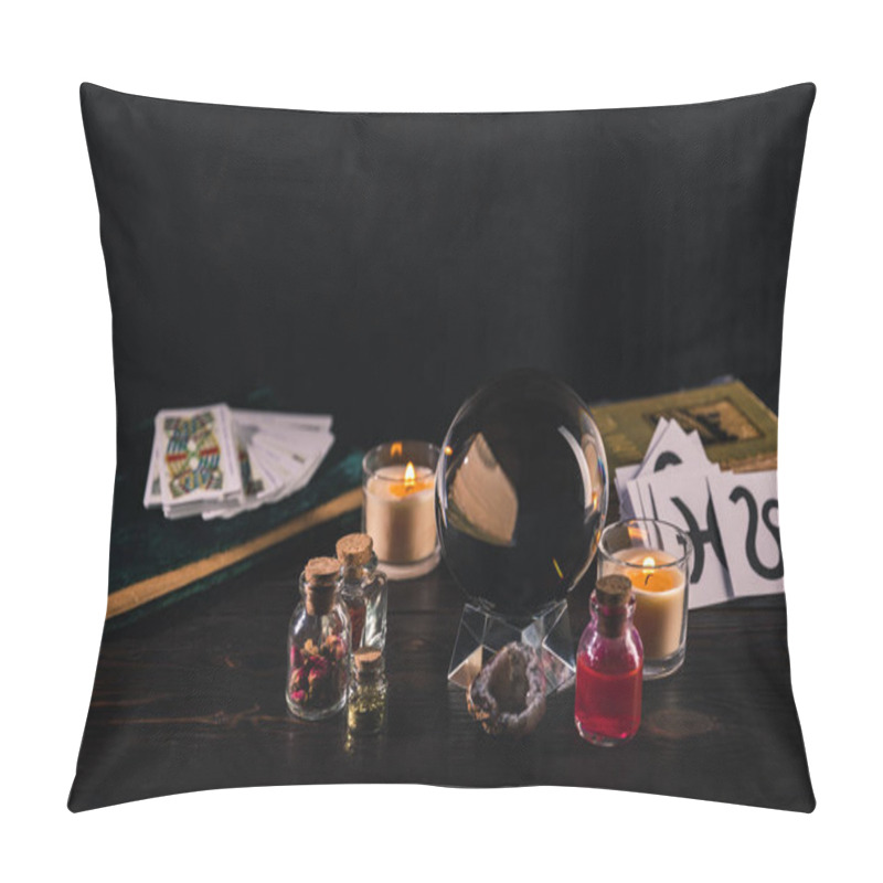 Personality  KYIV, UKRAINE - JANUARY 9, 2020: Selective Focus Of Tarot Cards And Crystal Ball With Occult Objects On Wooden And Black Background Pillow Covers