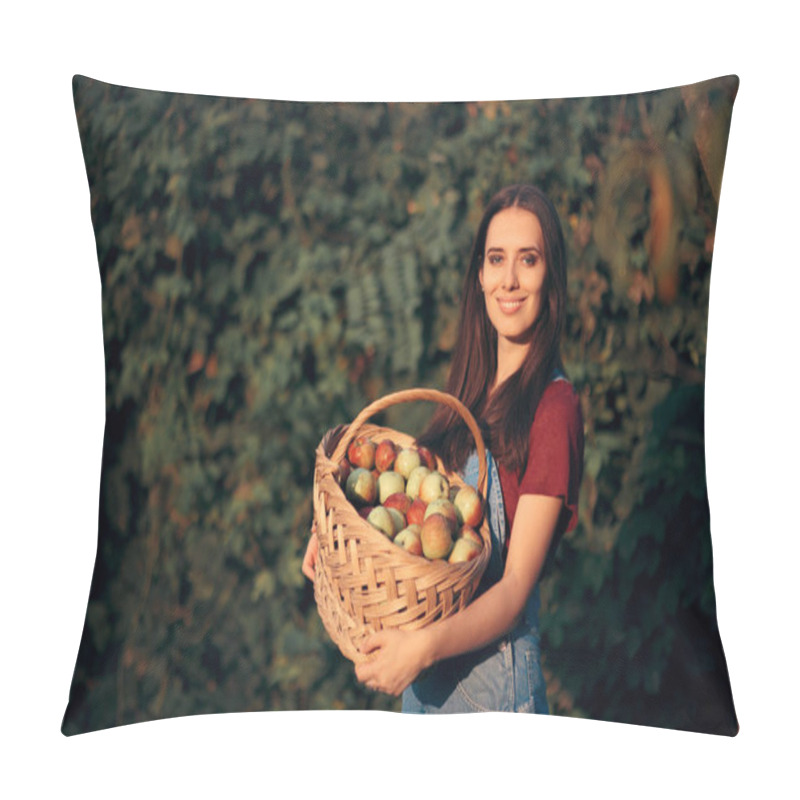 Personality  Woman With Basket Picking Apples In Autumn Season Pillow Covers