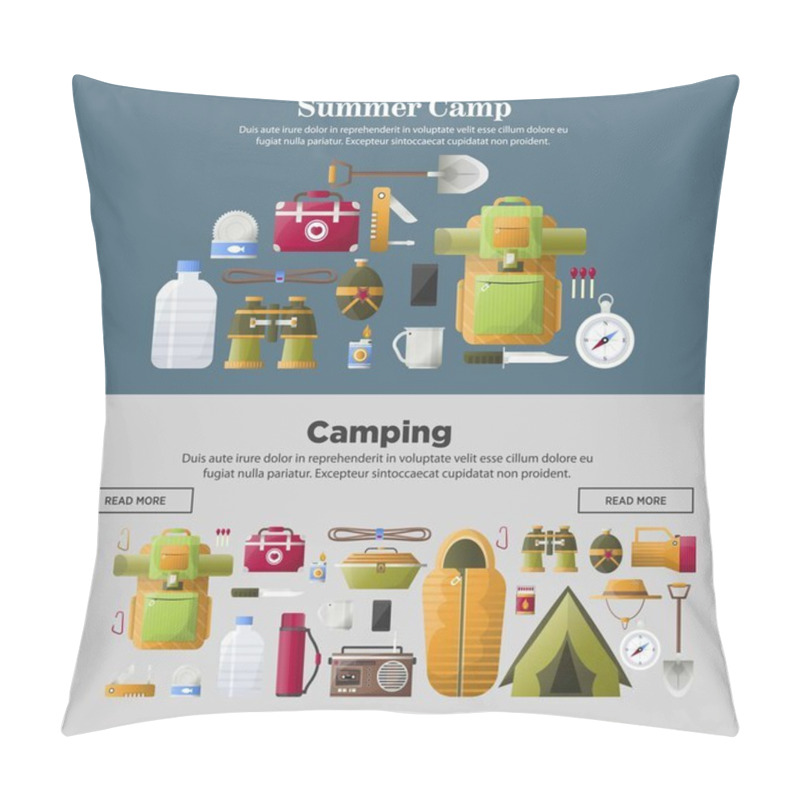 Personality  Summer Camp Web Banners Templates For Camping Scout Adventure. Vector First-aid Kit And Camp Tent Or Matches For Campfire, Backpack With Binoculars, Compass Or Flashlight And Radio Pillow Covers