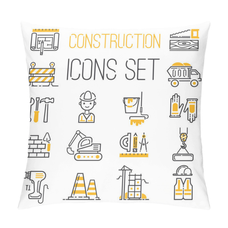 Personality  Linear Black Yellow Construction Icons Set Universal Web And Mobile Basic Ui Elements And Worker Equipment Flat Industry Tools Vector Illustration. Pillow Covers