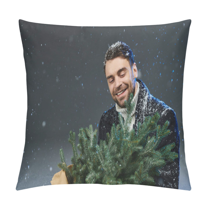 Personality  Joyful Young Man Embraces A Lush Evergreen With Snowflakes Cascading In A Winter Wonderland. Pillow Covers