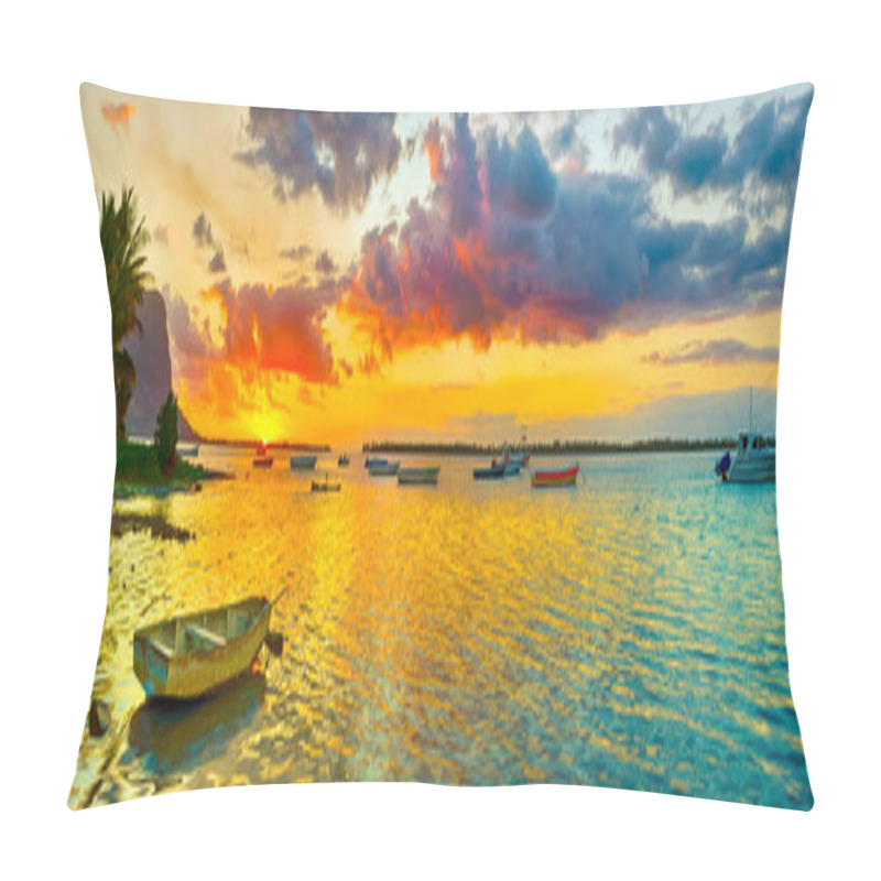 Personality  Fishing Boat At Sunset Time. Le Morn Brabant On Background. Pano Pillow Covers