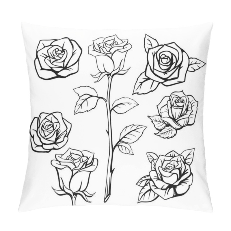 Personality  Black Outline Rose Set On White Background Pillow Covers