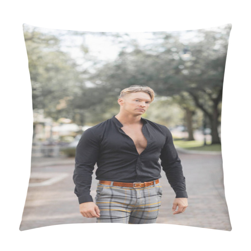 Personality  A Handsome Blonde Man Walks Down A Street In Orlando, Florida. He Is Wearing A Stylish Black Shirt And Plaid Pants. Pillow Covers