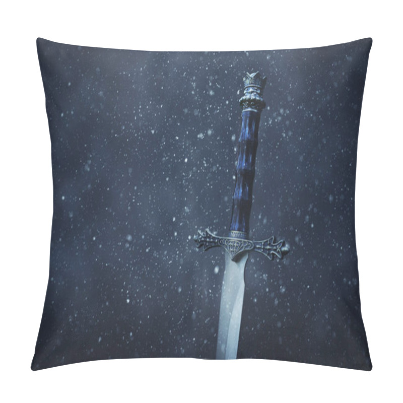 Personality  Mysterious And Magical Photo Of Silver Sword Over Gothic Snowy Black Background. Medieval Period Concept Pillow Covers