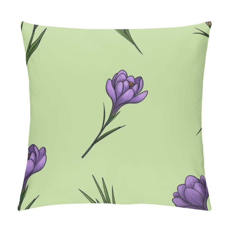 Personality  Seamless Pattern Of Spring Purple Crocuses With Leaves In Big Design On Fresh Green Background For Decorative Applications Pillow Covers