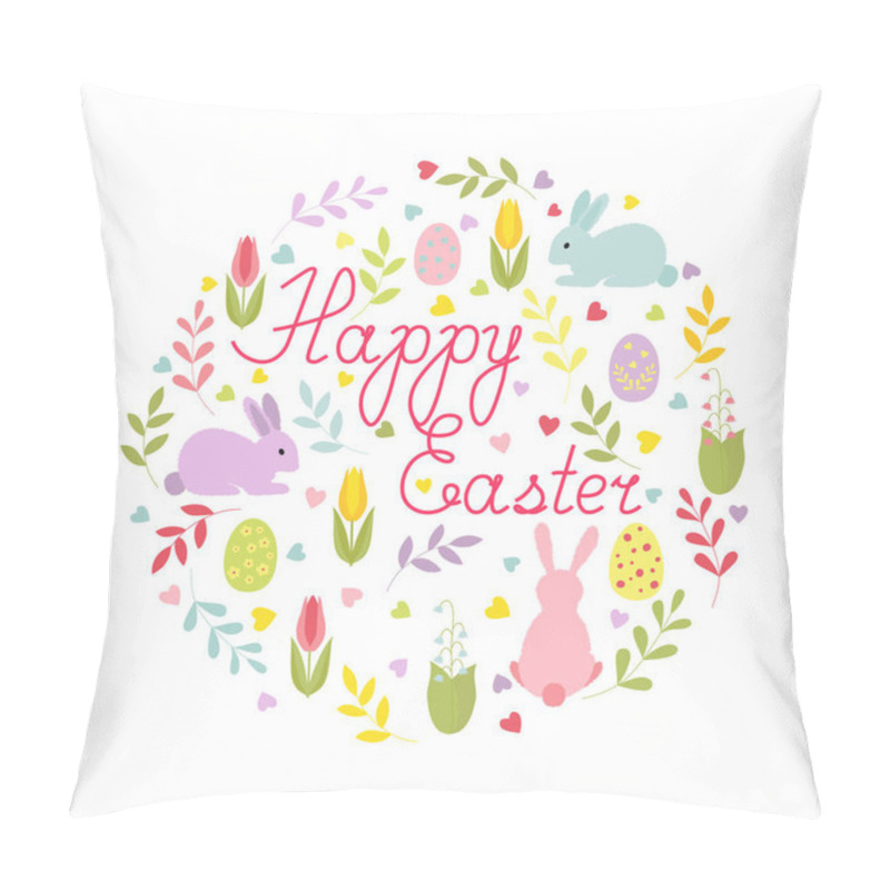 Personality  Easter Card With Cartoon Characters And Hand-written Text In A Round Composition. Isolated Colorful Card. Pillow Covers