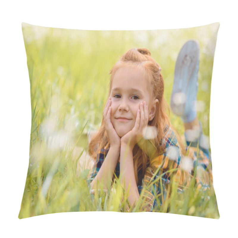 Personality  Portrait Of Little Smiling Child Resting On Green Grass In Meadow Pillow Covers