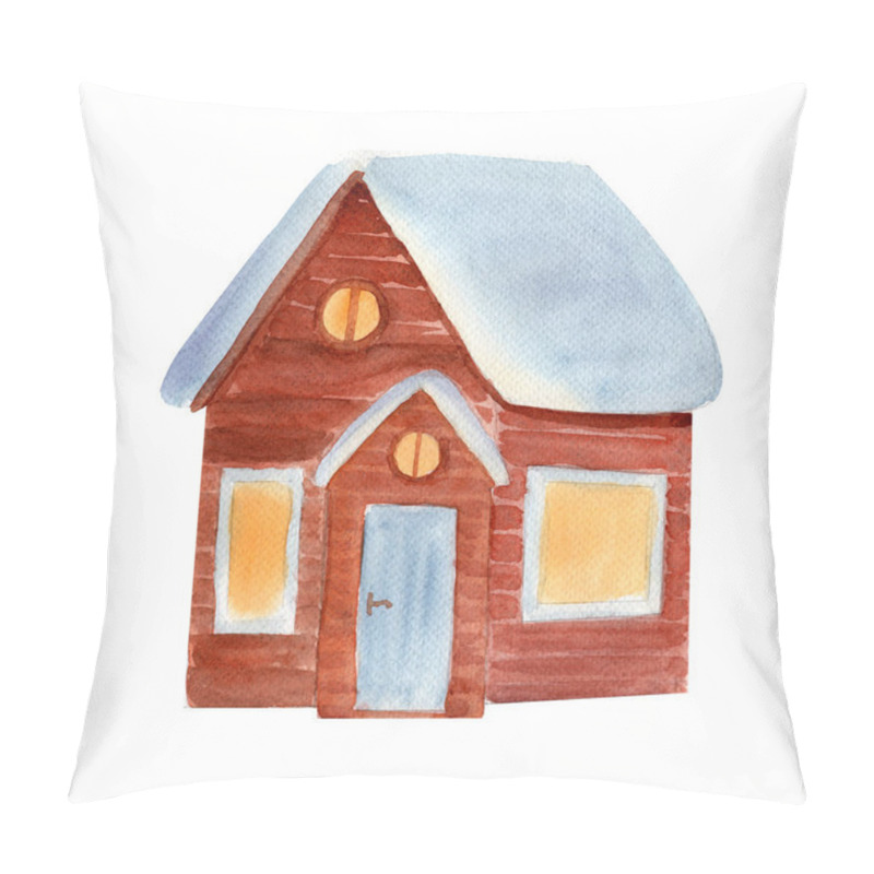 Personality  Log House With Snow On The Roof Top And Light Isolated On White Background. High Quality Architecture Watercolor Illustration Perfect For Cards, As A Landscape Element. Cute Cozy Residence Clip Art. Pillow Covers