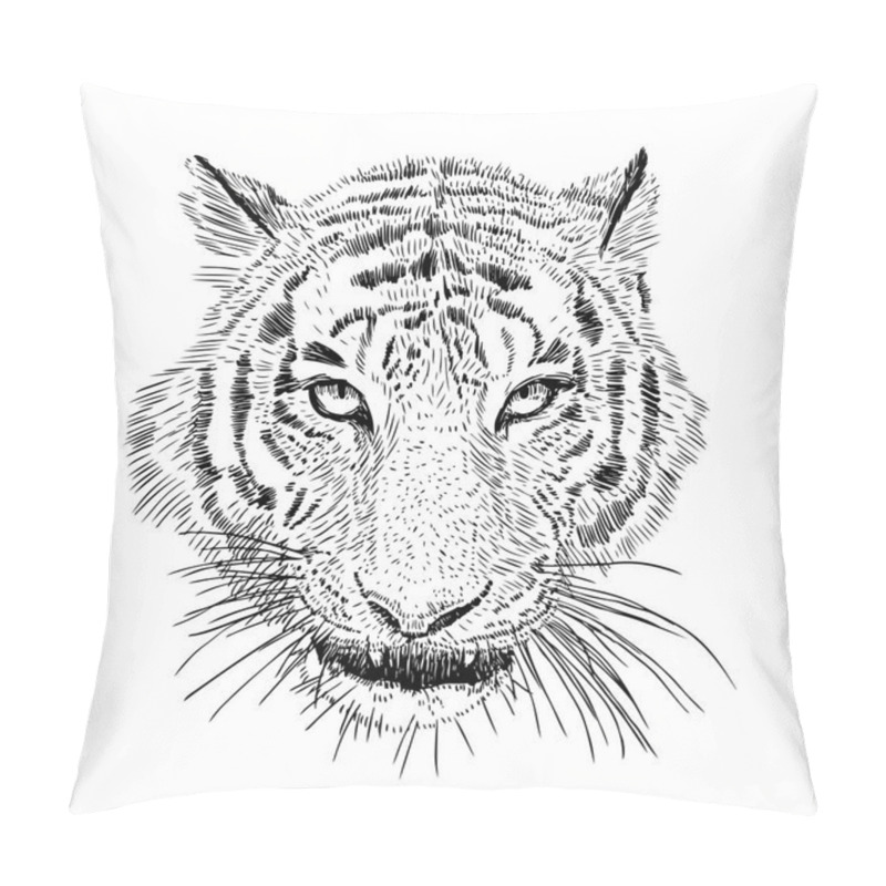 Personality  Hand Drawn Vector Black And White Artistic Portrait Of Tiger Head Isolated On White Background. Wild Cat Illustration. Ink Drawing Pillow Covers