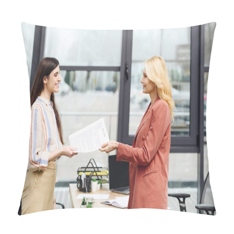 Personality  Two Women Shaking Hands In An Office During A Job Interview. Pillow Covers