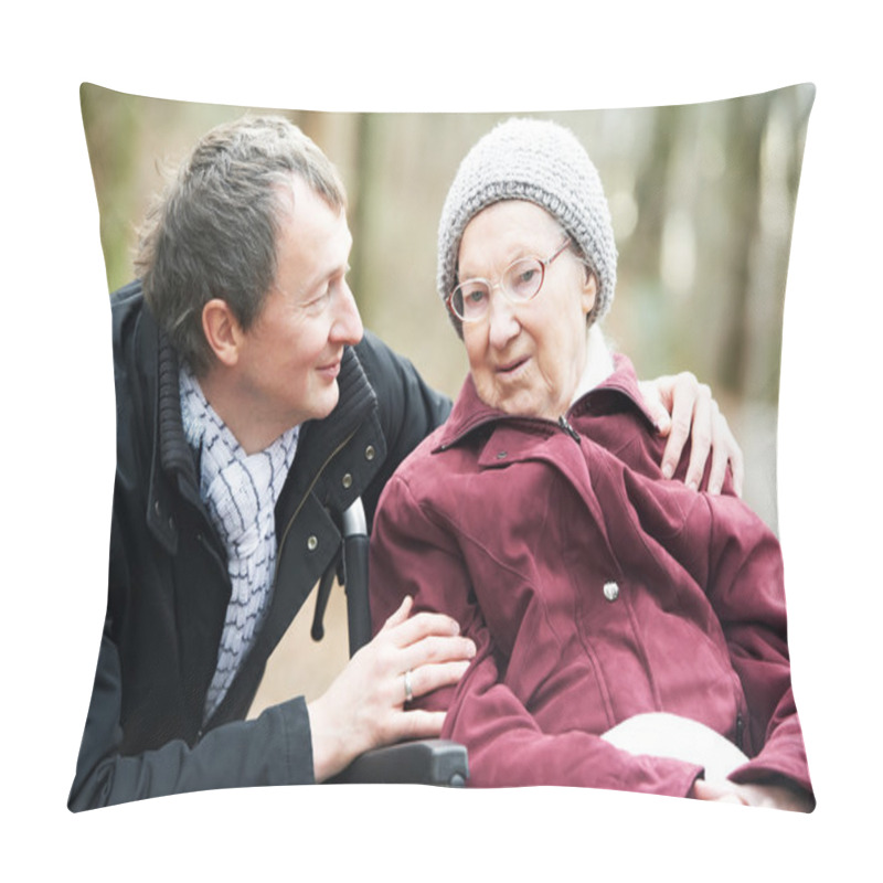 Personality  Old Senior Woman In Wheelchair With Careful Son Pillow Covers