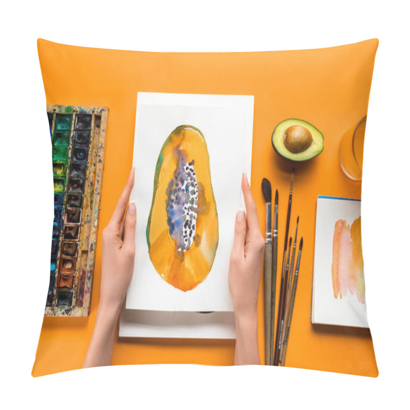 Personality  Top View Of Female Hands Holding Papaya Picture Over Yellow Table With Drawing Utensils Pillow Covers