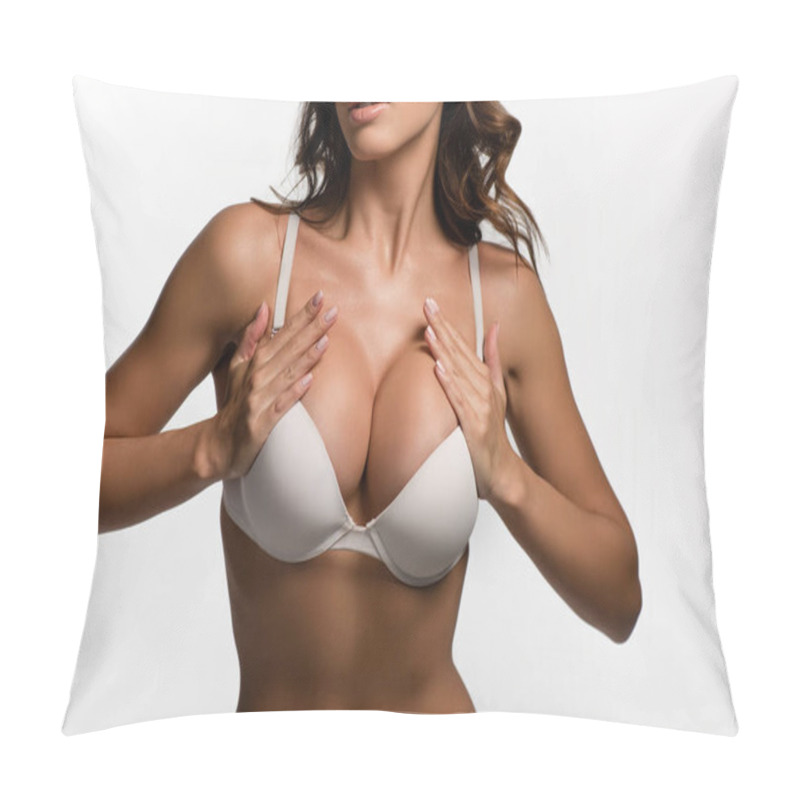 Personality  Cropped View Of Seductive Girl Touching Big Breasts Isolated On White Pillow Covers