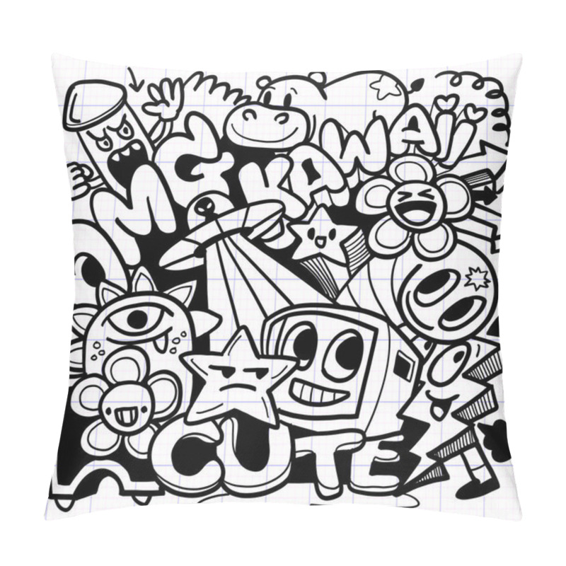 Personality  Kawaii Doodles Featuring Cute Characters, Flowers, And Playful Designs. This Vibrant Illustration Showcases Mix Of Fun Elements, Including Stars, Eyes, And Cheerful Expressions. Pillow Covers