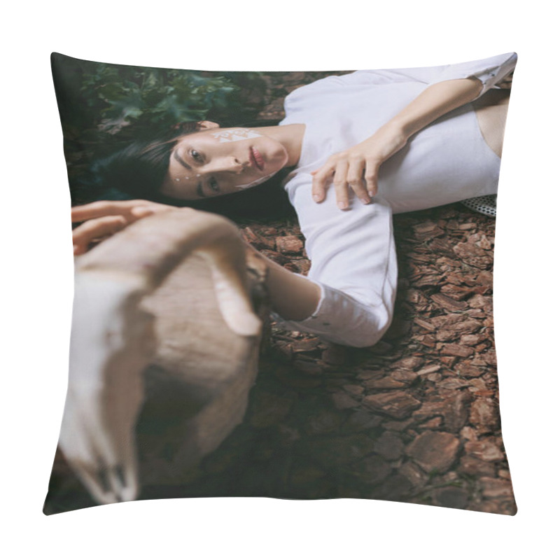 Personality  A Woman In White Clothing Lies On A Bed Of Fallen Leaves, Her Gaze Directed Towards The Camera. Pillow Covers