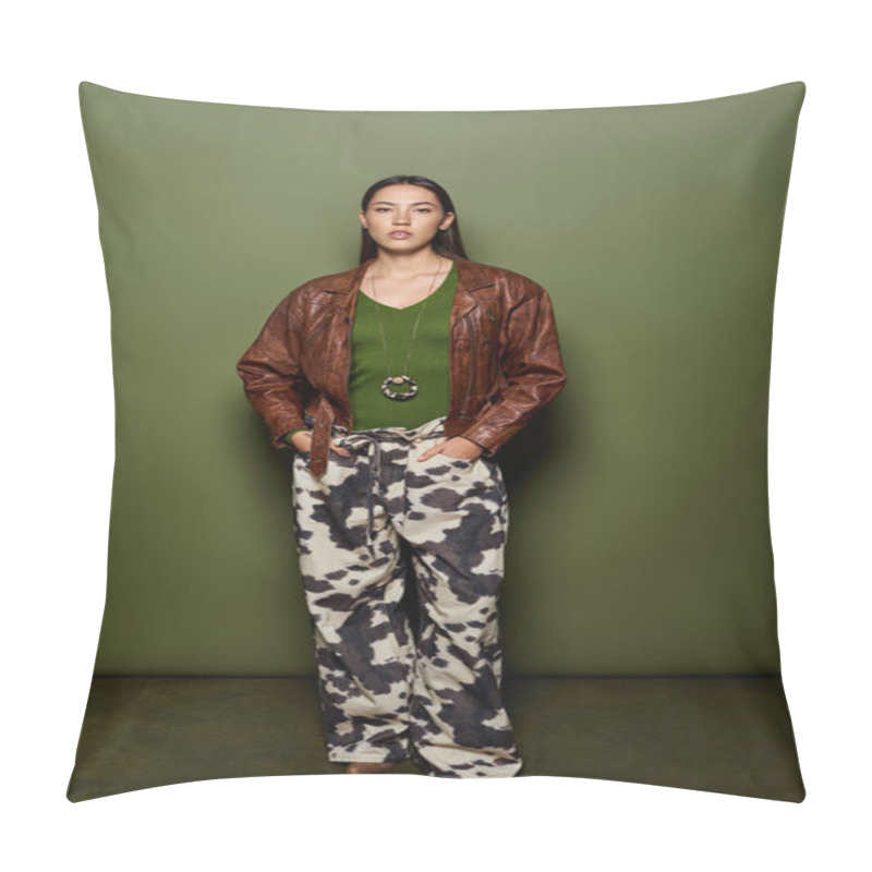 Personality  Brunette Woman Stands Confidently In A Trendy Outfit With A Bold Expression. Pillow Covers