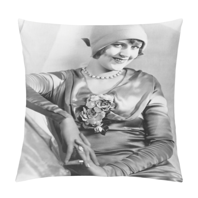 Personality  Woman In A Cloche Hat And Satin Dress Looking Vivacious Pillow Covers