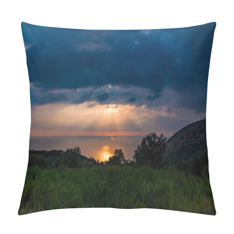 Personality  Dramatic Sunset Rays Through A Cloudy Dark Sky Over The Ocean. Pillow Covers