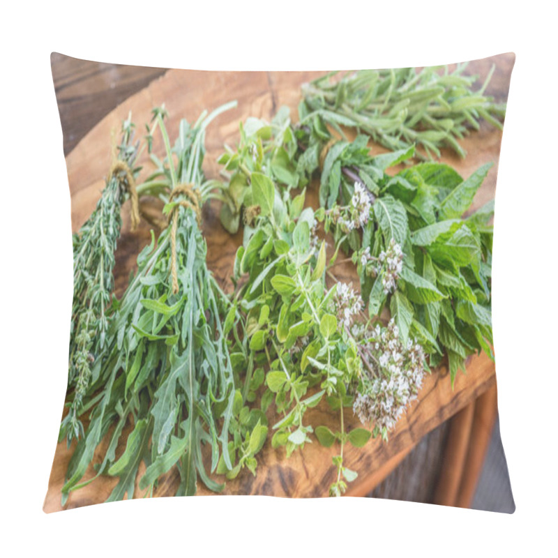 Personality  Fresh Herbs On The Wooden Table. Pillow Covers