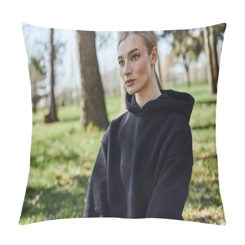 Personality  Portrait Of Sportive Young Woman In Black Hoodie Looking Away In Green Park, Nature And Sport Pillow Covers