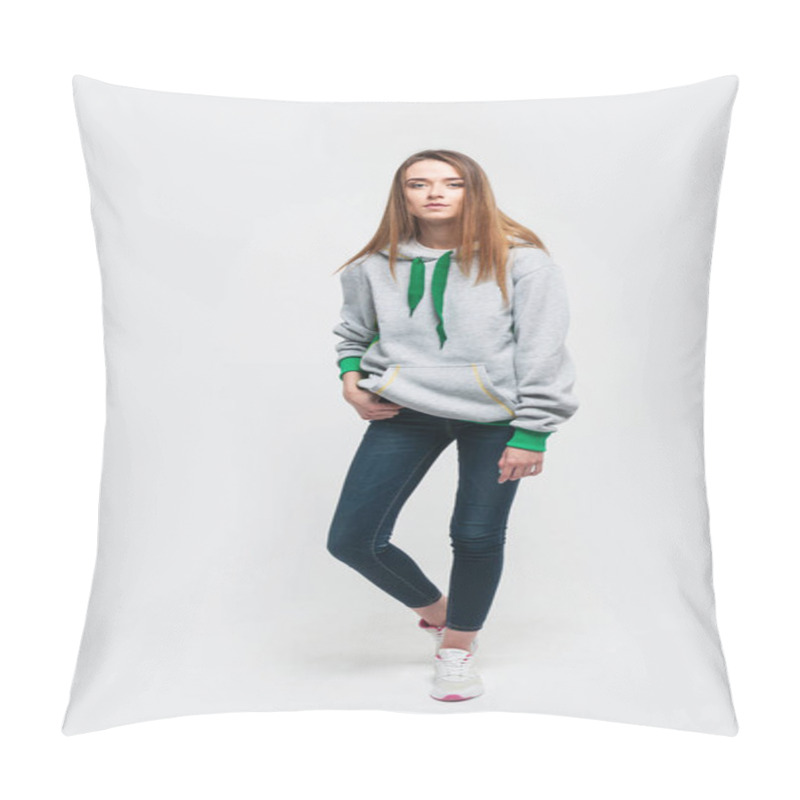 Personality  Portrait Of A Cute Positive Blonde Woman In A Hoodie On Grey Bac Pillow Covers