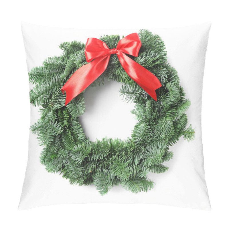 Personality  Christmas Wreath Made Of Fir Tree Branches With Red Ribbon Isolated On White Pillow Covers