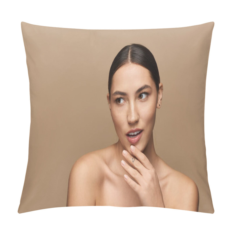 Personality  Brunette Beauty Poses Thoughtfully, Showcasing Her Features In A Serene Atmosphere. Pillow Covers