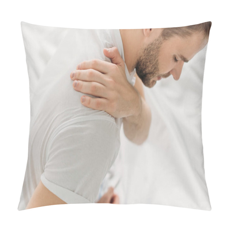 Personality  Overhead View Of Man Touching Shoulder While Suffering From Pain Pillow Covers